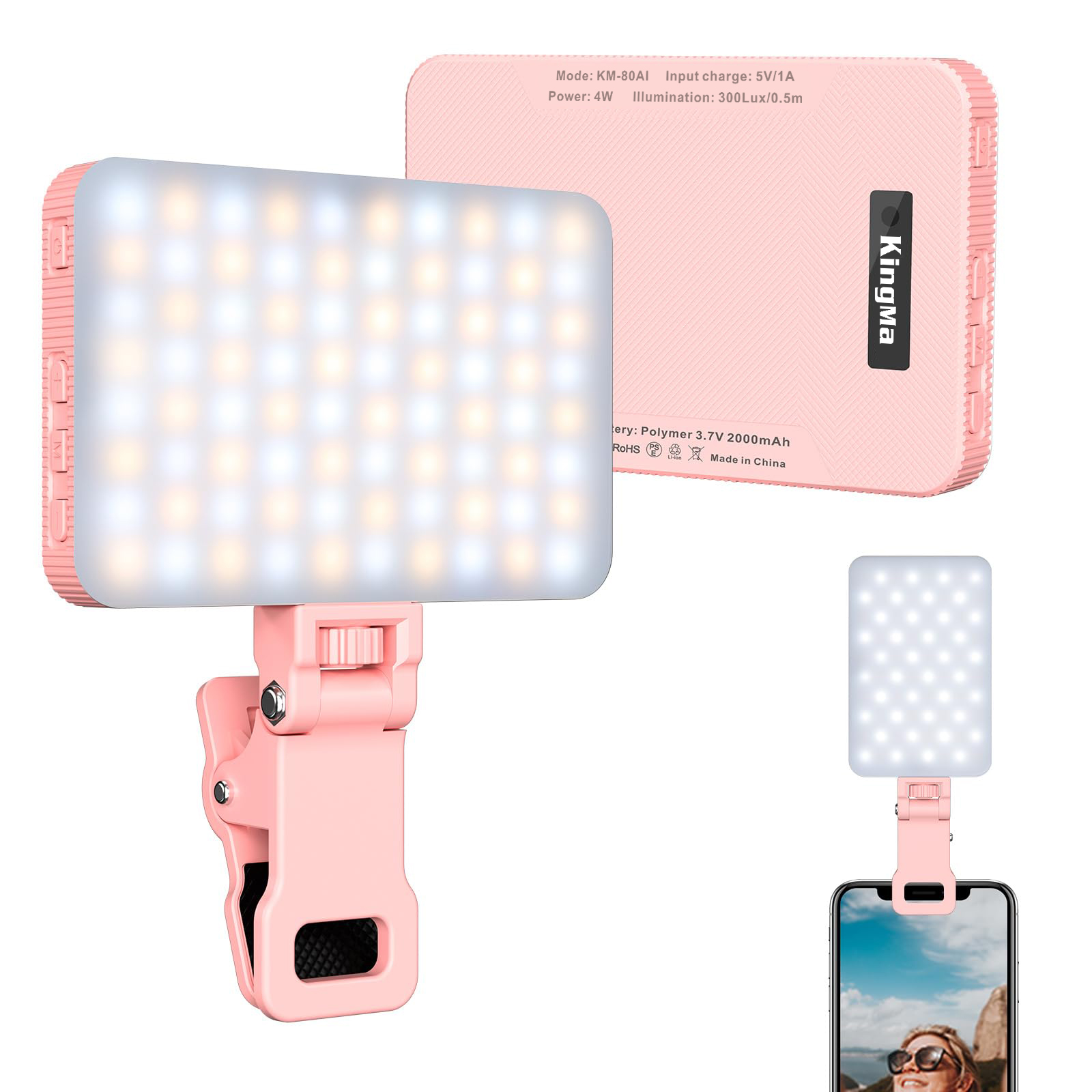 Lighting Gallery - King Ma เซลฟี่แบบชาร์จไฟได้สีชมพูแบบคลิปบนแฟลชวิดีโอสำหรับโทรศัพท์/แล็ปท็อป/สำหรับเซลฟี่/แต่งหน้า/วิดีโอประชุม/TikTok